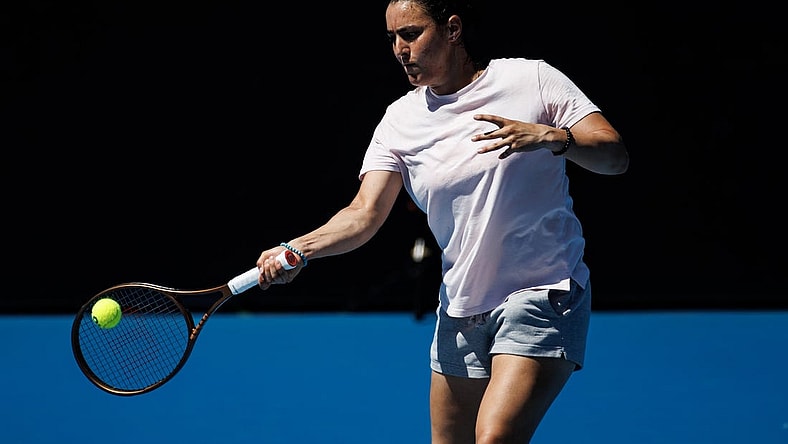 Jan 14, 2023; Melbourne, Victoria, Australia; Ons Jabeur of Tunisia hits a shot during a practice session at Kia Arena at Melbourne Park. Mandatory Credit: Mike Frey-USA TODAY Sports