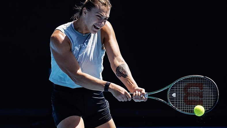 Jan 14, 2023; Melbourne, Victoria, Australia;  Aryna Sabalenka of Belarus hits a shot during a practice session at Kia Arena at Melbourne Park. Mandatory Credit: Mike Frey-USA TODAY Sports