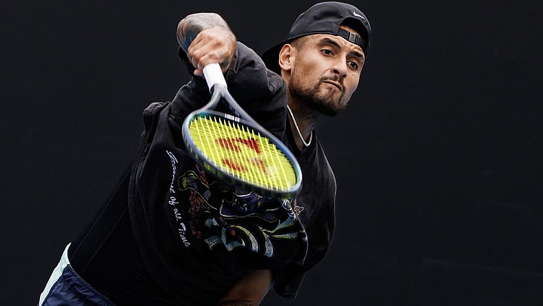 Jan 15, 2023; Melbourne, Victoria, Australia; Nick Kyrgios of Australia hits a shot during a practice session on court 16 at Melbourne Park. Mandatory Credit: Mike Frey-USA TODAY Sports