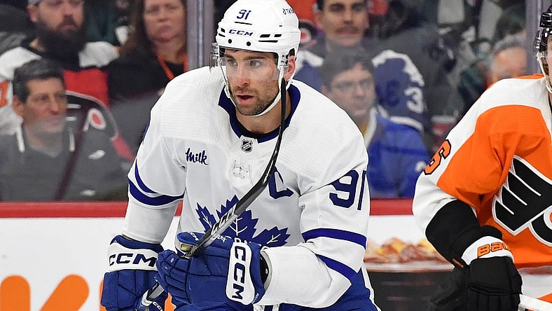 Jan 8, 2023; Philadelphia, Pennsylvania, USA; Toronto Maple Leafs center John Tavares (91) against the Philadelphia Flyers at Wells Fargo Center. Mandatory Credit: Eric Hartline-USA TODAY Sports