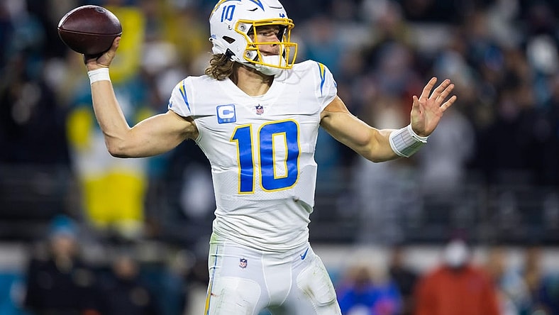 Jan 14, 2023; Jacksonville, Florida, USA; Los Angeles Chargers quarterback Justin Herbert (10) against the Jacksonville Jaguars during a wild card playoff game at TIAA Bank Field. Mandatory Credit: Mark J. Rebilas-USA TODAY Sports