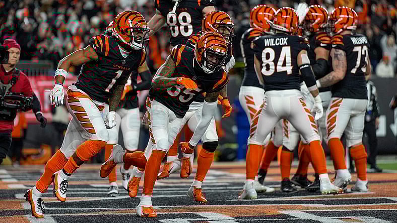 The Cincinnati Bengals celebrate a touchdown by wide receiver Ja'Marr Chase (1) in the second quarter during an NFL wild-card playoff football game between the Baltimore Ravens and the Cincinnati Bengals, Sunday, Jan. 15, 2023, at Paycor Stadium in Cincinnati.The Ravens led 10-9 at halftime.

Baltimore Ravens At Cincinnati Bengals Afc Wild Card Jan 15 105