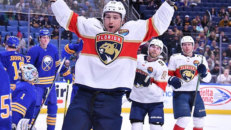 Jan 16, 2023; Buffalo, New York, USA; Florida Panthers defenseman Brandon Montour (62) celebrates scoring a goal against the Buffalo Sabres in the first period at KeyBank Center. Mandatory Credit: Mark Konezny-USA TODAY Sports