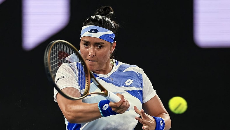 Jan 17, 2023; Melbourne, VICTORIA, Australia; Ons Jabeur on day two during the 2023 Australian Open tennis tournament at Melbourne Park. Mandatory Credit: Mike Frey-USA TODAY Sports