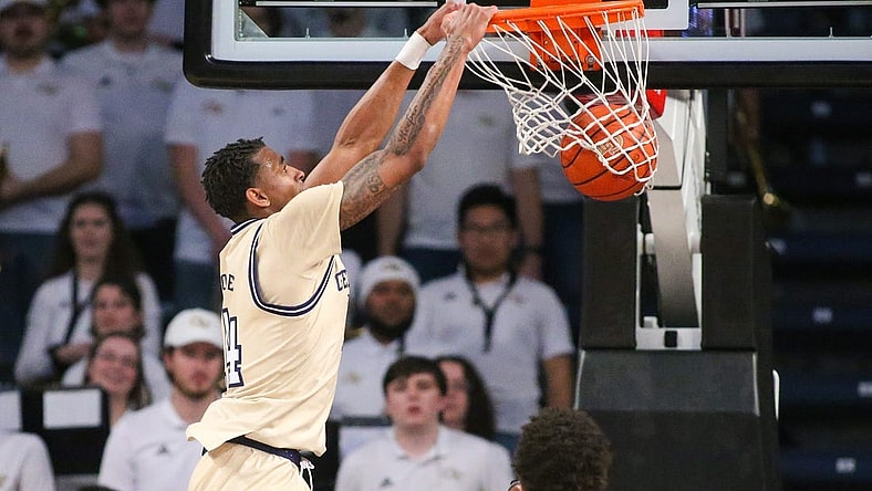 Jan 17, 2023; Atlanta, Georgia, USA; Georgia Tech Yellow Jackets forward Jalon Moore (14) dunks against the North Carolina State Wolfpack in the first half at McCamish Pavilion. Mandatory Credit: Brett Davis-USA TODAY Sports