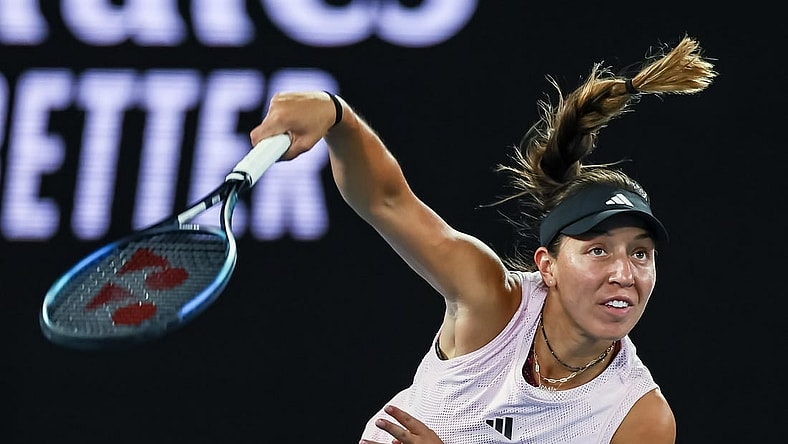 Jan 18, 2023; Melbourne, Victoria, Australia; Jessica Pegula during her second round match against Aliaksandra Sasnovich on day three of the 2023 Australian Open tennis tournament at Melbourne Park. Mandatory Credit: Mike Frey-USA TODAY Sports
