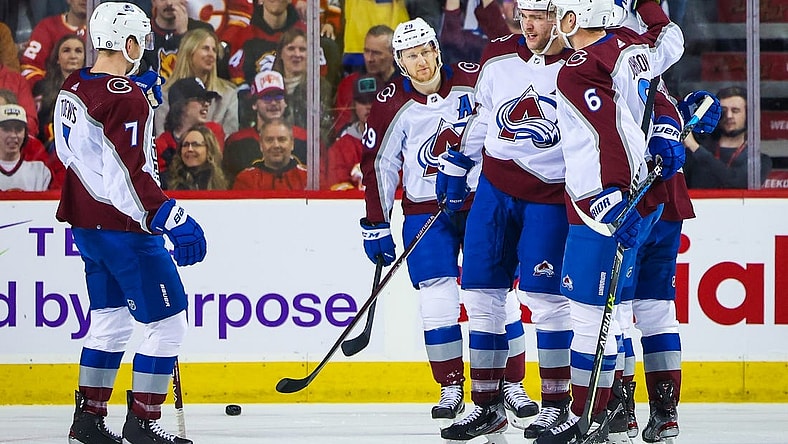 Jan 18, 2023; Calgary, Alberta, CAN; Colorado Avalanche right wing Mikko Rantanen (96) celebrates his goal with teammates against the Calgary Flames during the first period at Scotiabank Saddledome. Mandatory Credit: Sergei Belski-USA TODAY Sports