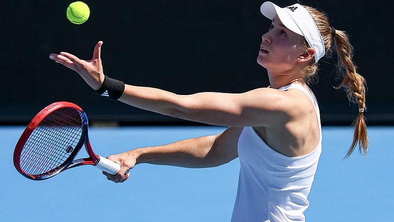 Jan 20, 2023; Melbourne, VICTORIA, Australia; Elena Rybakina from Russia during her third round match against Danielle Collins from the United States on day five of the 2023 Australian Open tennis tournament at Melbourne Park. Mandatory Credit: Mike Frey-USA TODAY Sports