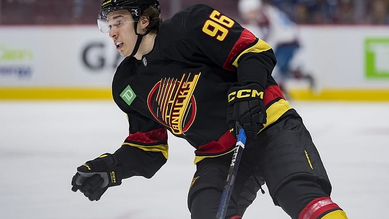 Jan 20, 2023; Vancouver, British Columbia, CAN; Vancouver Canucks forward Andrei Kuzmenko (96) skates against the Colorado Avalanche in the first period at Rogers Arena. Mandatory Credit: Bob Frid-USA TODAY Sports