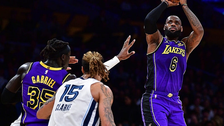 January 20, 2023; Los Angeles, California, USA; Los Angeles Lakers forward LeBron James (6) shoots against the Memphis Grizzlies during the first half at Crypto.com Arena. Mandatory Credit: Gary A. Vasquez-USA TODAY Sports