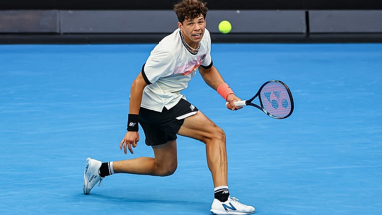 Jan 21, 2023; Melbourne, VICTORIA, Australia; Ben Shelton from the United States during his third round match against Alexi Popyrin from Australia on day six of the 2023 Australian Open tennis tournament at Melbourne Park. Mandatory Credit: Mike Frey-USA TODAY Sports