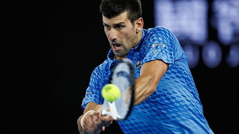 Jan 21, 2023; Melbourne, Victoria, Australia; Novak Djokovic of Serbia celebrates his victory over Grigor Dimitrov of Bulgaria on day six of the 2023 Australian Open tennis tournament at Melbourne Park. Mandatory Credit: Mike Frey-USA TODAY Sports