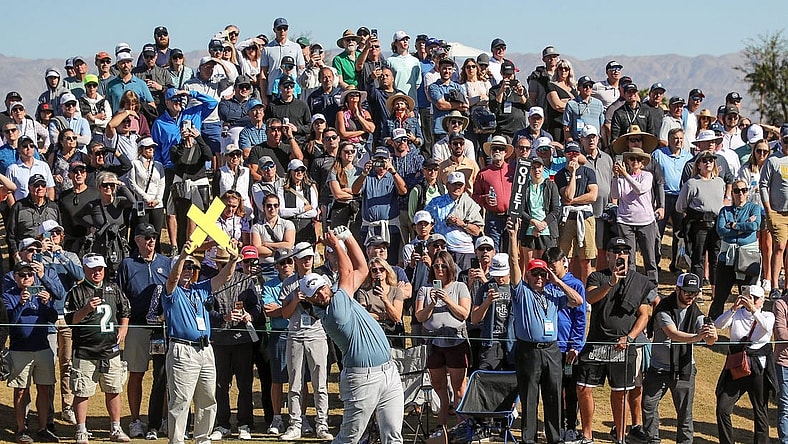Jon Rahm tees off on the eighth hole at the Pete Dye Stadium Course at PGA West during The American Express in La Quinta, Calif., Jan. 21, 2023.
Amex Saturday 17