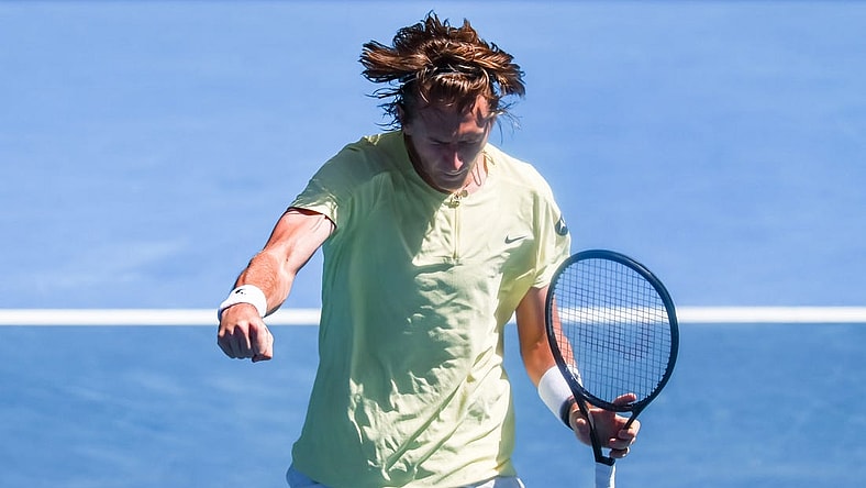 Jan 22, 2023; Melbourne, VICTORIA, Australia; Sebastian Korda from the United States during his fourth round match against Hubert Hurkacz from Poland on day seven of the 2023 Australian Open tennis tournament at Melbourne Park. Mandatory Credit: Mike Frey-USA TODAY Sports