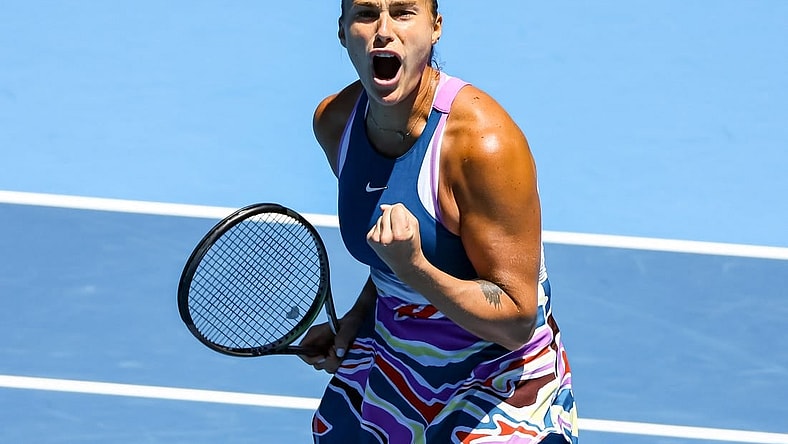 Jan 23, 2023; Melbourne, Victoria, Australia; Aryna Sabalenka from Belarus during her round four match against Belinda Bencic from Switzerland on day eight of the 2023 Australian Open tennis tournament at Melbourne Park. Mandatory Credit: Mike Frey-USA TODAY Sports