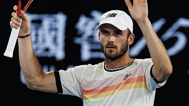 Jan 23, 2023; Melbourne, Victoria, Australia; Tommy Paul of the United States celebrates his victory over Roberto Bautista-Agut of Spain on day eight of the 2023 Australian Open tennis tournament at Melbourne Park. Mandatory Credit: Mike Frey-USA TODAY Sports