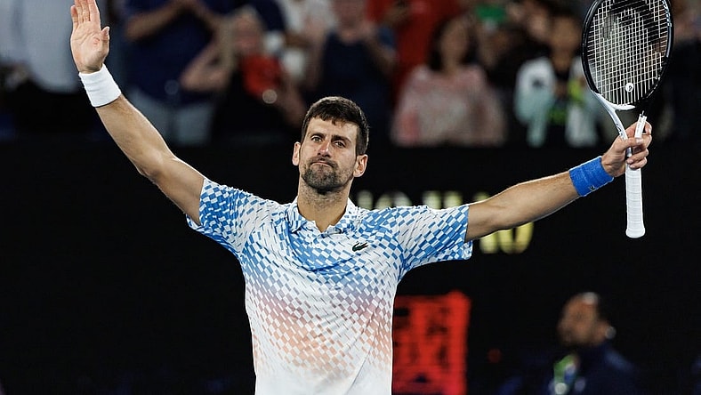 Jan 25, 2023; Melbourne, Victoria, Australia; Novak Djokovic of Serbia celebrates his victory over Andrey Rublev of Russia on day ten of the 2023 Australian Open tennis tournament at Melbourne Park. Mandatory Credit: Mike Frey-USA TODAY Sports