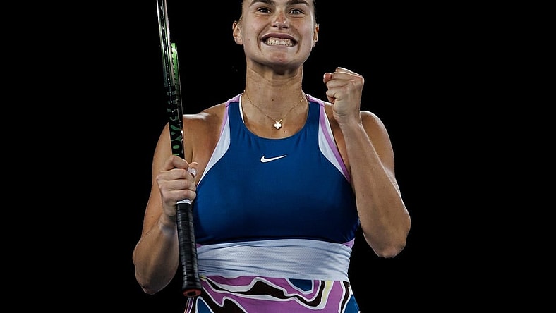Jan 26, 2023; Melbourne, Victoria, Australia; Aryna Sabalenka of Russia celebrates her victory over Magda Linette of Poland on day eleven of the 2023 Australian Open tennis tournament at Melbourne Park. Mandatory Credit: Mike Frey-USA TODAY Sports