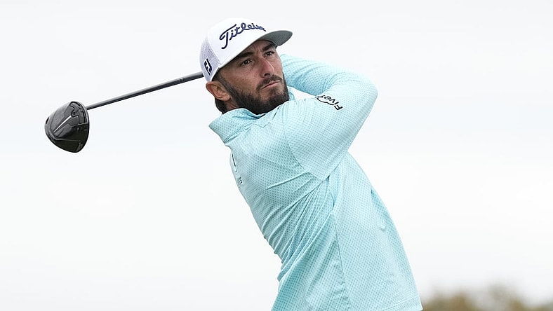 Jan 28, 2023; San Diego, California, USA; Max Homa hits his tee shot on the second hole during the final round of the Farmers Insurance Open golf tournament at Torrey Pines Municipal Golf Course - South Course. Mandatory Credit: Ray Acevedo-USA TODAY Sports