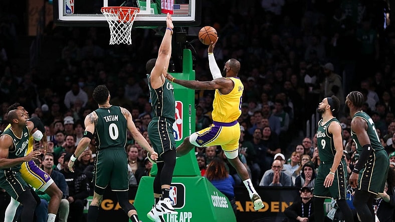 Jan 28, 2023; Boston, Massachusetts, USA; Los Angeles Lakers forward LeBron James (6) shoots during the first half against the Boston Celtics at TD Garden. Mandatory Credit: Paul Rutherford-USA TODAY Sports