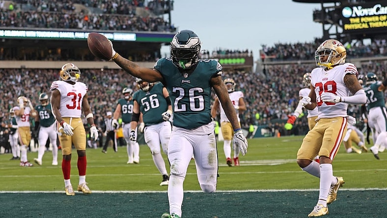 Philadelphia Eagles running back Miles Sanders (26) scores a touchdown against the San Francisco 49ers during the second quarter in the NFC Championship game at Lincoln Financial Field. Mandatory Credit: Bill Streicher-USA TODAY Sports