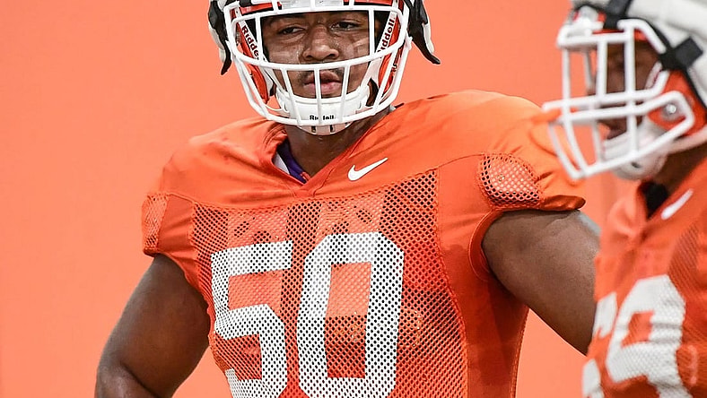 Clemson offensive lineman Kaleb Boateng(50) lines up for a drill during practice at the Poe Indoor Facility at Clemson Tuesday, August 20, 2019.

Clemson Football Practice Monday August 20