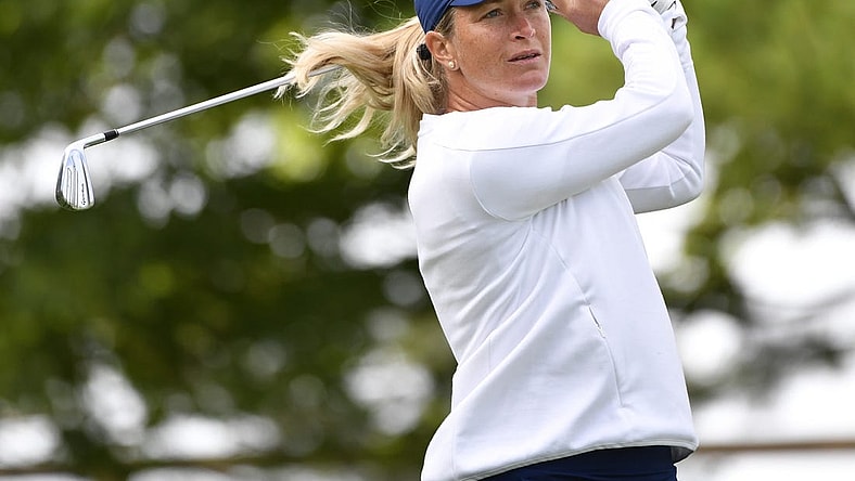 Aug 22, 2019; Aurora, Ontario, CAN; Suzann Pettersen tees off on the second hole in the first round of the CP Womens Open golf tournament at Magna Golf Club. Mandatory Credit: Eric Bolte-USA TODAY Sports