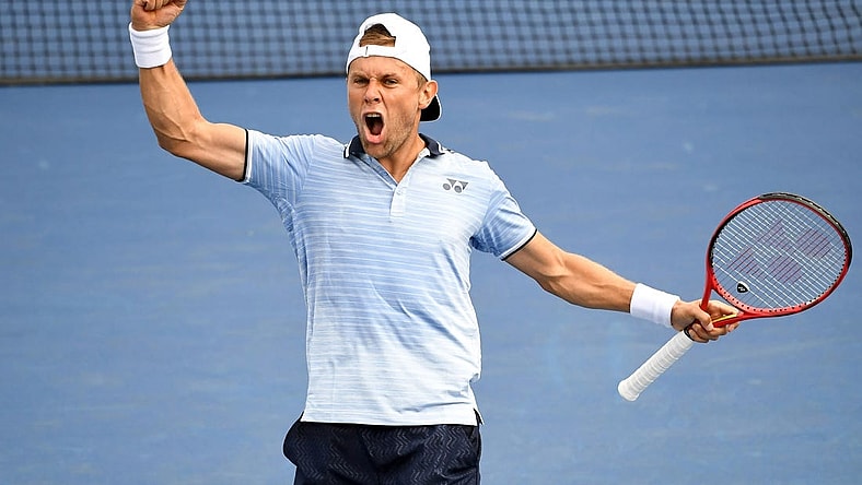 Aug 27, 2019; Flushing, NY, USA; Radu Albot of Moldova reacts after winning a point against Alexander Zverev of Germany on day two of the 2019 U.S. Open tennis tournament at USTA Billie Jean King National Tennis Center. Mandatory Credit: Danielle Parhizkaran-USA TODAY Sports