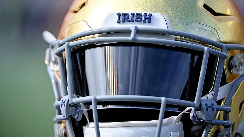Dec 28, 2019; Orlando, Florida, USA;  A detailed view of a Notre Dame Fighting Irish helmet prior to the game between the Notre Dame Fighting Irish and the Iowa State Cyclones at Camping World Stadium. Mandatory Credit: Jasen Vinlove-USA TODAY Sports