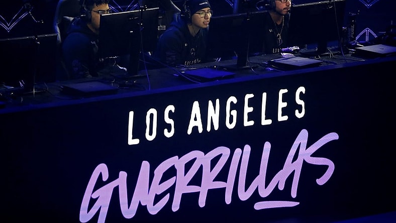 Jan 25, 2020; Minneapolis, Minnesota, USA; Andres Lacefield and Ulysses Aqua Silva and Renato Saints Forza of the Los Angeles Guerrillas play against the Florida Mutineers during the Call of Duty League Launch Weekend at The Armory. Mandatory Credit: Bruce Kluckhohn-USA TODAY Sports