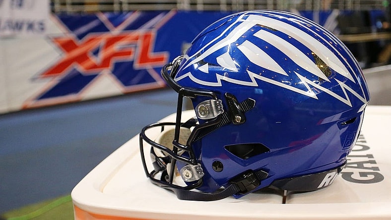 Feb 23, 2020; St. Louis, Missouri, USA; A detailed view of a St. Louis Battlehawks helmet during the second half of an XFL game between the St. Louis Battlehawks and the NY Guardians at The Dome at America's Center. Mandatory Credit: Billy Hurst-USA TODAY Sports