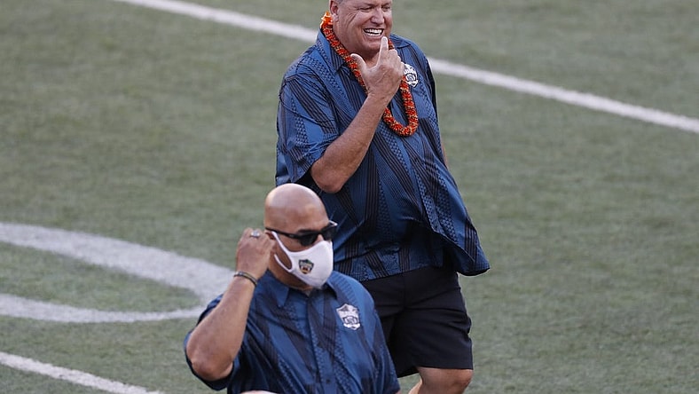Jan 31, 2021; Honolulu, Hawaii, USA; Team Kai head coach Rex Ryan reacts on the field during the first half against Team Aina at the Hula Bowl. Mandatory Credit: Marco Garcia-USA TODAY Sports