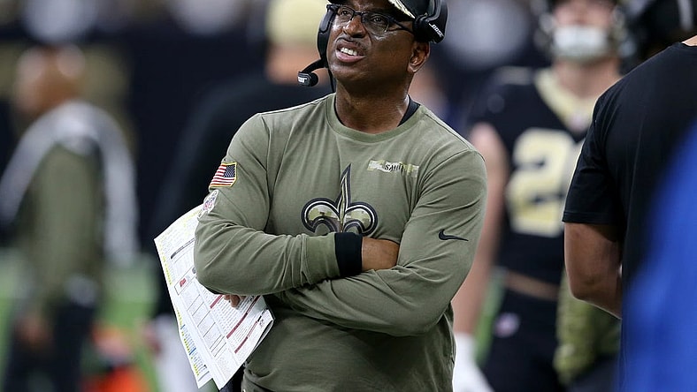 Nov 7, 2021; New Orleans, Louisiana, USA; New Orleans Saints assistant coach Curtis Johnson during the second quarter against the Atlanta Falcons at the Caesars Superdome. Mandatory Credit: Chuck Cook-USA TODAY Sports