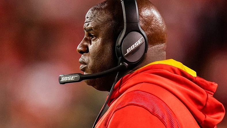 Nov 7, 2021; Kansas City, Missouri, USA; Kansas City Chiefs offensive coordinator Eric Bieniemy looks on during the second half against the Green Bay Packers at GEHA Field at Arrowhead Stadium. Mandatory Credit: Jay Biggerstaff-USA TODAY Sports