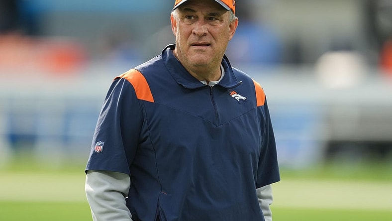 Jan 2, 2022; Inglewood, California, USA; Denver Broncos head coach Vic Fangio reacts before the game against the Los Angeles Chargers at SoFi Stadium. Mandatory Credit: Kirby Lee-USA TODAY Sports
