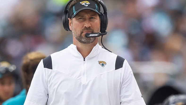 Sep 19, 2021; Jacksonville, Florida, USA; Jacksonville Jaguars passing game coordinator Brian Schottenheimer against the Denver Broncos at TIAA Bank Field. Mandatory Credit: Mark J. Rebilas-USA TODAY Sports