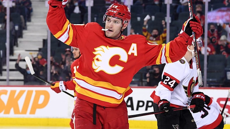 Jan 13, 2022; Calgary, Alberta, CAN; Calgary Flames forward Matthew Tkachuk (19) celebrates his third period goal against the Ottawa Senators at Scotiabank Saddledome. Senators won 4-1. Mandatory Credit: Candice Ward-USA TODAY Sports