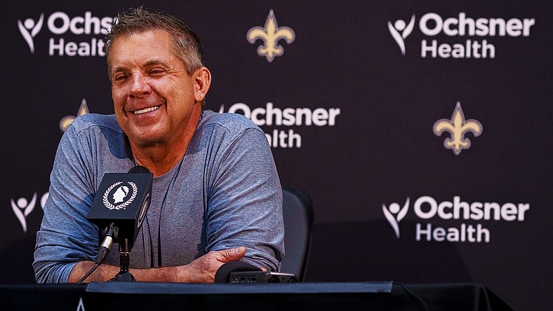 Jan 25, 2022; Metairie, LA, USA;  New Orleans Saints head coach Sean Payton speaks during a press conference at Ochsner Sports Performance Center. Mandatory Credit: Andrew Wevers-USA TODAY Sports