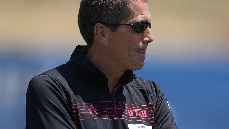 Jun 3, 2022; Thousand Oaks, CA, USA; Utah Utes offensive coordinator Andy Ludwig watches Los Angeles Rams organized team activities at California Lutheran University. Mandatory Credit: Kirby Lee-USA TODAY Sports