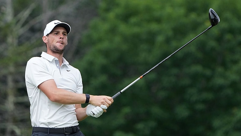 Jun 17, 2022; Brookline, Massachusetts, USA; Thomas Pieters watches his shot from the eighth tee during the second round of the U.S. Open golf tournament. Mandatory Credit: John David Mercer-USA TODAY Sports