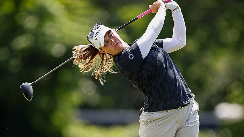 Jun 24, 2022; Bethesda, Maryland, USA; Jennifer Kupcho plays her shot from the 18th tee during the second round of the KPMG Women's PGA Championship golf tournament at Congressional Country Club. Mandatory Credit: Scott Taetsch-USA TODAY Sports