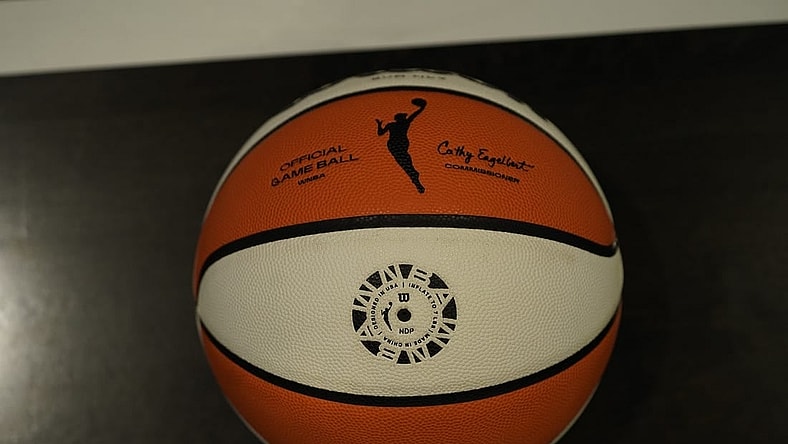 Jul 9, 2022; Chicago, IL, USA; A detail shot of a basketball during practice for the 2022 WNBA All-Star Game. Mandatory Credit: David Banks-USA TODAY Sports