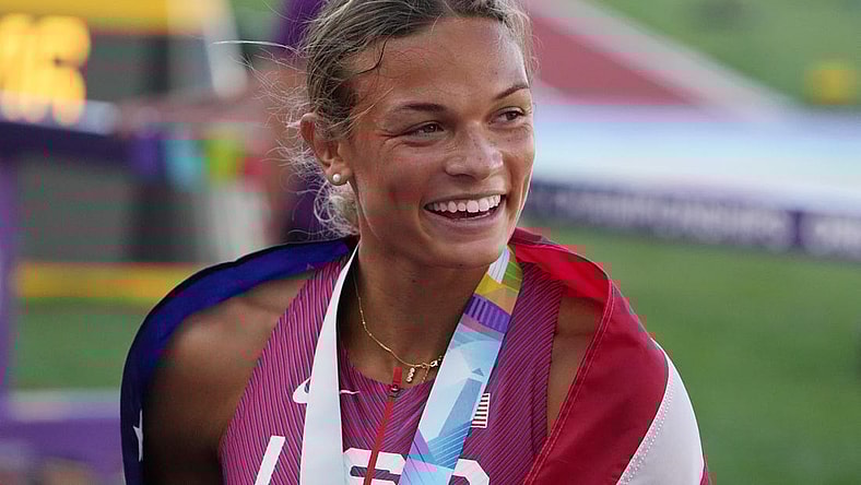Jul 18, 2022; Eugene, Oregon, USA; Anna Hall (USA) celebrates after winning the bronze medal in the women   s heptathlon during the World Athletics Championships Oregon 22 at Hayward Field. Mandatory Credit: Kirby Lee-USA TODAY Sports