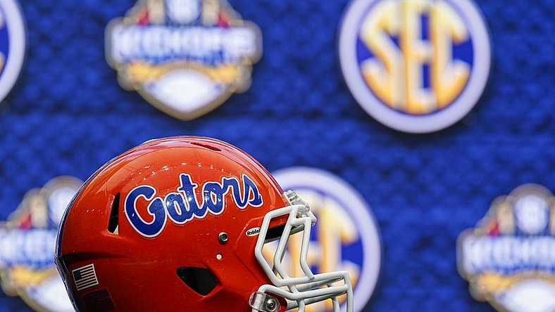 Jul 20, 2022; Atlanta, GA, USA; The Florida Gators helmet on the stage during SEC Media Days at the College Football Hall of Fame. Mandatory Credit: Dale Zanine-USA TODAY Sports