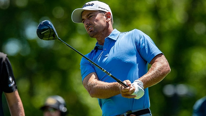 Jul 30, 2022; Bedminster, New Jersey, USA; Charles Howell III watches his tee shot on hole 3 during the second round of a LIV Golf tournament at Trump National Golf Club Bedminster. Mandatory Credit: John Jones-USA TODAY Sports