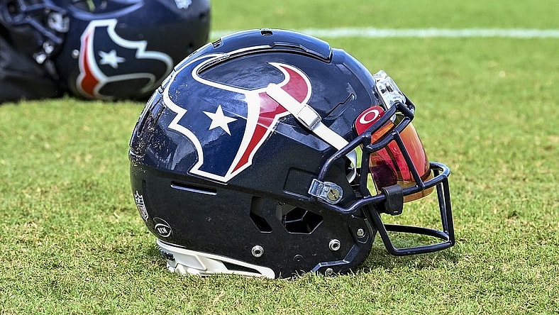 Aug 5, 2022; Houston, Texas, US; A general picture of a Houston Texans helmet after training camp at the Texans practice facility.  Mandatory Credit: Maria Lysaker-USA TODAY Sports