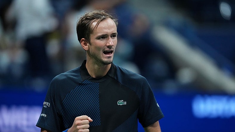 Aug 31, 2022; Flushing, NY, USA; Daniil Medvedev reacts during a match against Arthur Rinderknech of France on day three of the 2022 U.S. Open tennis tournament at USTA Billie Jean King Tennis Center. Mandatory Credit: Danielle Parhizkaran-USA TODAY Sports