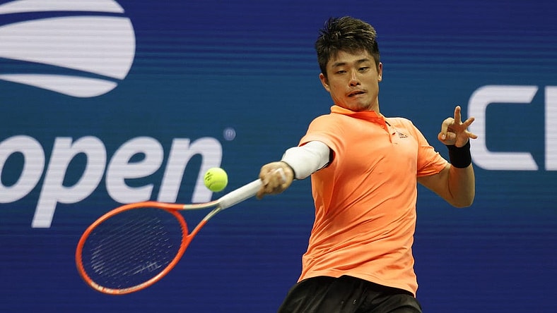 Sep 2, 2022; Flushing, NY, USA; Yibing Wu (CHN) hits a forehand against Daniil Medvedev (not pictured) on day five of the 2022 U.S. Open tennis tournament at USTA Billie Jean King Tennis Center. Mandatory Credit: Geoff Burke-USA TODAY Sports