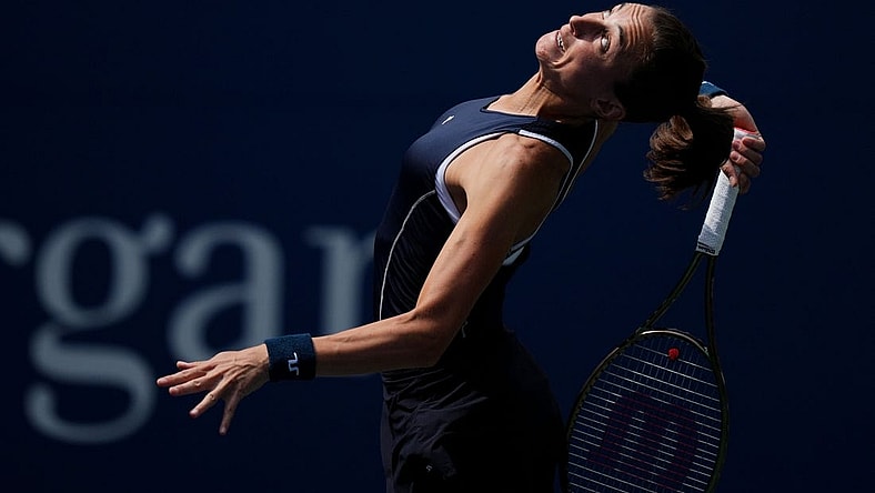Sep 3, 2022; Flushing, NY, USA; Petra Martic of Croatia serves to Victoria Azarenka on day six of the 2022 U.S. Open tennis tournament at USTA Billie Jean King Tennis Center. Mandatory Credit: Danielle Parhizkaran-USA TODAY Sports