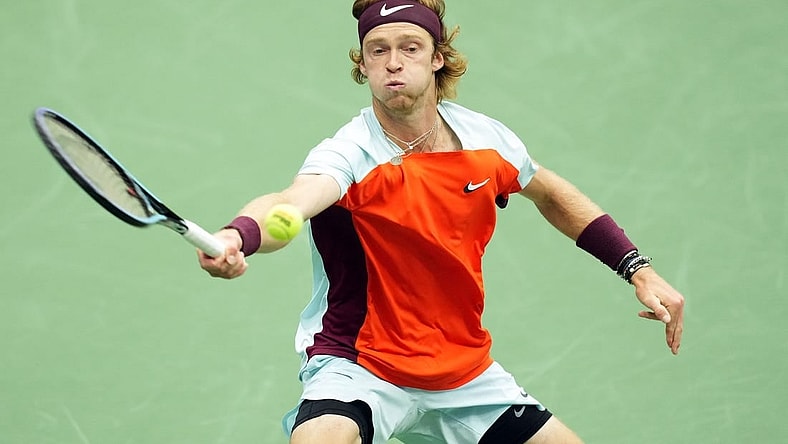 Sep 7, 2022; Flushing, NY, USA; Andrey Rublev hits to Frances Tiafoe of the United States on day ten of the 2022 U.S. Open tennis tournament at USTA Billie Jean King Tennis Center. Mandatory Credit: Danielle Parhizkaran-USA TODAY Sports